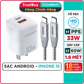 Mua Combo Củ Sạc Điện Thoại Type C 33W PPS PD3.0 CHOETECH PD5006-W Và Cáp Type C to C 60W Dài 1.8M CC0005-S - Hàng Chính Hãng