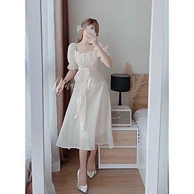 Hình ảnh Đầm trắng xoè tiểu thư cổ vuông tay phồng xếp ly ngực ( kèm mút )