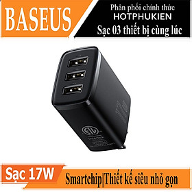 Cóc củ sạc nhanh 17W đa năng 3 cổng USB A hiệu Baseus Compact Charger 3U trang bị chip sạc thông minh, công nghệ tản nhiệt BCT, chân cắm US-UK - hàng nhập khẩu - Đen