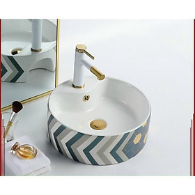 Mua Bồn Lavabo Sứ Tròn Hoạ Tiết Hoa Văn Vàng
