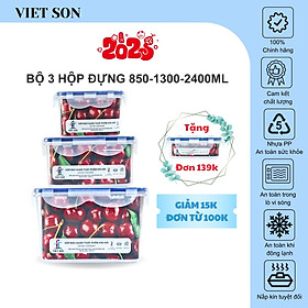Bộ 3 Hộp Đựng Thực Phẩm VIETSON (850,1300,2400ml) Nắp Khóa 4 Cạnh Kín Hơi
