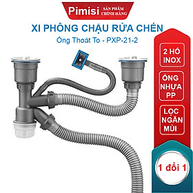﻿Xi Phông Chậu Rửa Chén Bát 2 Hốc Phi 110 Pimisi Cao Cấp Đầu Bầu Inox 304 - Dùng Để Xả Thải Nước Chậu Rửa Bát Đôi Dập Đúc Loại Ống Thải Nước To Bằng Nhựa Chun Uốn, Bầu Chống Mùi Hôi Và Giảm Dầu Mỡ Xuống Ống Dẫn - Có Đầu Thoát Tràn | Hàng Chính Hãng