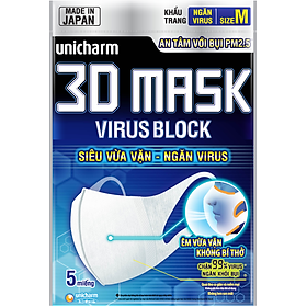 Khẩu Trang 3D Mask Gói 5 Cái Ngăn Khói Bụi Super Fit Size M/ 3D Mask KID/ Virus Block Size M