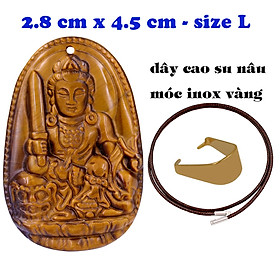 Mặt Phật Văn thù đá mắt hổ 4.5 cm kèm vòng cổ dây cao su nâu - mặt dây chuyền size lớn - size L, Mặt Phật bản mệnh