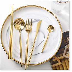 BỘ DỤNG CỤ ĐŨA DAO NĨA ĂN SET CUTLERY MINIMALIST GOLD 5PCS phong cách quý tộc