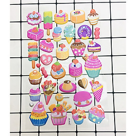Hình Dán sticker Bánh. kem Nổi 3D set 2 bảng ( 64 miếng ảnh )