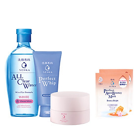 Combo Senka Chăm Sóc Mọi Loại Da (Nước tẩy trang White 230ml + SRM Senka Perfect Whip 120g + Kem trắng da ban đêm Senka 50g + Mặt nạ dưỡng da 25ml)