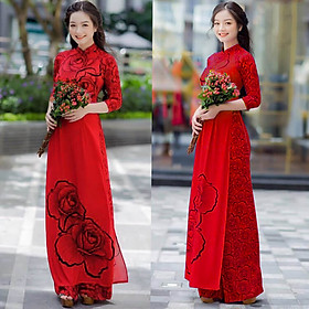 SET ÁO DÀI TRUYỀN THỐNG IN HOA HỒNG TRANG TRỌNG