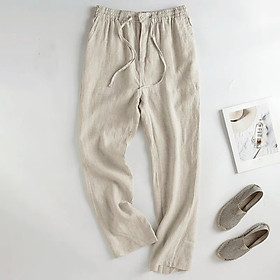 Quần linen nam ống suông, quần dài ống rộng cạp chun có dây rút và khuy trước, phong cách tối giản, vintage Qd11