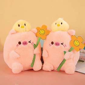 Thú nhồi bông heo ôm hoa đáng yêu - Size 20cm - Quà tặng gấu bông heo có con vịt trên đầu cute.