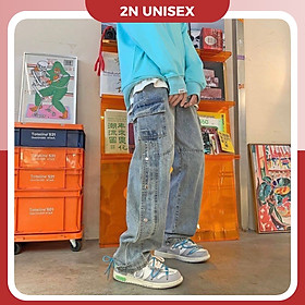 Quần jean nam nữ ống rộng 2N Unisex cài nút bấm hai bên màu xanh/xám Q04