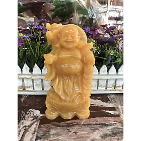 Mua Tượng Phật Di Lặc gánh đào đứng trên thỏi vàng phong thủy đá ngọc hoàng long trang trí bàn làm việc - Cao 20 cm