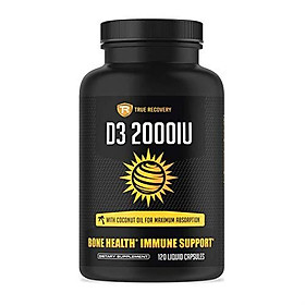 True Recovery Vitamin D3 2000iu (50mcg) Enhanced with Organic Coconut Oil - Supports Immune System Health - Natural , Vegetarian and Non-GMO - 120 Liquid Softgels