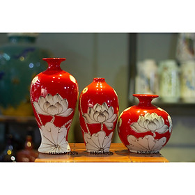Mua Set 3 lọ hoa gốm sứ cao cấp Bát Tràng vẽ sen decor trang trí nhà cửa