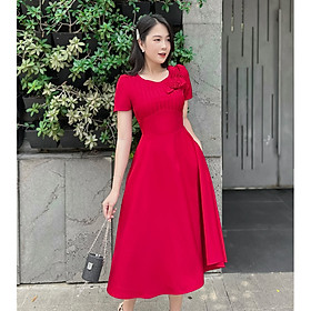 {HCM} Đầm xòe xếp li ngực kết hoa vải D075 -Lady Fashion - Khánh Linh Style