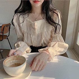 Áo babydoll cổ vuông dài tay - sơmi vintage (có hình thật/video/sẵn)