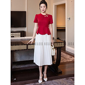 Set áo đỏ peplum chân váy dập ly NGADO , set áo váy Nữ , set dự tiệc , công sở