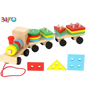 Đồ chơi tàu gỗ thả hình khối và màu sắc tổng hợp theo phương pháp Montessori giúp bé phát triển trí thông minh toàn diện