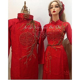 Áo dài cưới hỏi đỏ kết chữ hỷ và lồng đèn