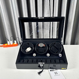 Hộp Đựng Đồng Hồ Cơ 6 Xoay + 10 Trưng Bày Vỏ Gỗ Sơn Mài (Đèn LED)