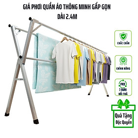 Sào Phơi Đồ Inox Thông Minh SP16, Cải Tiến Bánh Xe, Cây Gấp gọn, Giá Giàn Phơi Có Quà Tặng Móc Treo Đồ