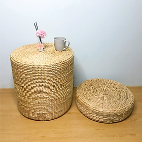 Combo bàn trà và nệm ngồi trang trí decor nội thất phòng khách kiểu Hàn, chất liệu lục bình, hàng thủ công