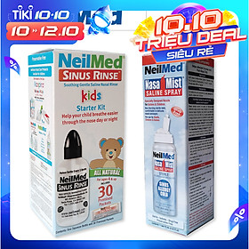 Combo Baby 24h Care: Bình Xịt Rửa Vệ Sinh Mũi Xoang NeilMed Sinus Rinse & Spray Kids -SX Mỹ, hỗ trợ điều trị Sổ Mũi, Nghẹt Mũi và Viêm Mũi Cho Bé (Bình 30 gói muối rửa; 1 chai xịt phun sương 75ml)