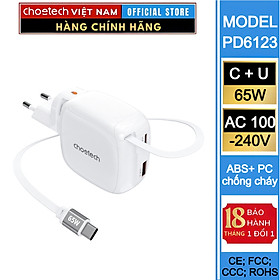 Mua Bộ sạc nhanh Choetech PD6123 GaN 65W tích hợp dây USB C và chân cắm gập gọn (Hàng chính hãng)