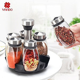 Bộ 6 lọ đựng gia vị thủy tinh chống vỡ xoay 360 độ, Hũ đựng gia vị cao cấp loại 1 cho đồ dùng nhà bếp Vando