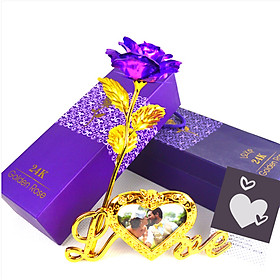 Quà Tặng 20/10 Cho Người Yêu, Cho Bạn Gái MUMUSO - Hoa Hồng Mạ Vàng 24k Màu Tím Phát Sáng Có Đèn Led Khung Hình Chữ Love