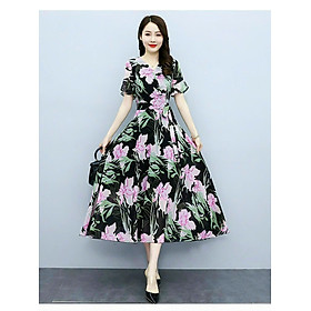 ĐẦM MAXI VOAN HOA TÍM NỀN ĐEN CỔ V TAY NGẮN