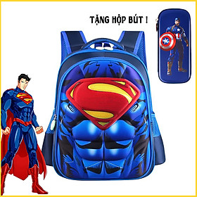 Balo - Cặp Sách Đi Học Cho Bé Tra In Hình Nổi 3D Siêu Anh Hùng Superman (Tặng hộp bút) TE7