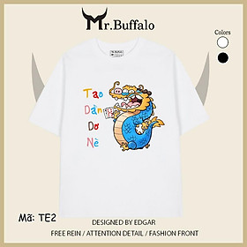 Áo Thun tay lỡ trắng đen xì rách tết 2024 rồng TE2 Mr.Buffalo - TE2- Trắng