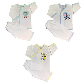 Combo 3 bộ quần áo sơ sinh cotton tay dài trắng cài nút xéo JOU