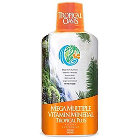 Tropical Oasis Mega Plus - Liquid Multivitamin and Mineral Supplement – Includes 85 Vitamins & Minerals, 20 Amino Acids + CoQ10, Grape Seed Extract & Organic Aloe Vera - 32oz, 32 Servings