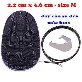 Mặt Phật Thiên thủ thiên nhãn thạch anh đen 3.6 cm kèm vòng cổ dây cao su đen - mặt dây chuyền size M, Mặt Phật bản mệnh, Quan âm bồ tát