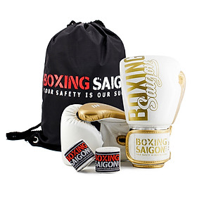 Combo Găng Tay Boxing Saigon + Băng Tay 4m5 (tặng túi rút) - Trắng