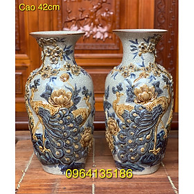 Mua Đôi lọ lục bình thờ men rạn đắp công đào nổi h42cm gốm sứ Bát Tràng