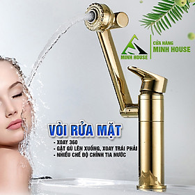 Vòi rửa mặt Lavabo cổ xoay 720 độ đa chiều, củ đồng, thân ngắn mạ vàng, điều chỉnh nhiều chế độ tia nước Minh House