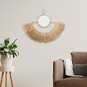 Wall Decor Mirror Handwoven Fan-Shaped Ornament Nordic Straw Knitted Wall Hanging Knitted Straw Mirror for Living Room Dorm Bedroom Office