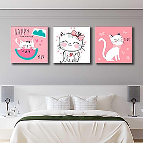 Bộ 3 tranh canvas trang trí phòng trẻ em Mèo con dễ thương - TTE009
