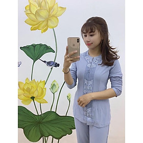 Đồ Lam # Cổ Khoá Thêu Lắc Hoa# Đồ Bộ Nữ # Quần Áo #Trung Niên# Thun Co Giãn