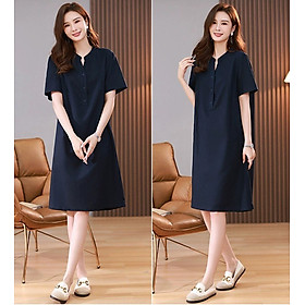 Đầm công sở cổ tàu phối nút, ngắn tay Hàn Quốc nữ trẻ trung, chất liệu Linen mềm mịn cao cấp Haint Boutique