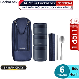 Mua Bộ hộp cơm giữ nhiệt LocknLock Lunch Box LHC8052S01 3 hộp giữ nhiệt kèm túi  muỗng đũa màu xanh  - Hapos