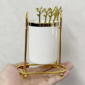 Mua HOT TREND | Giỏ lẵng sứ | Lẵng thủy tinh | Hũ đựng thìa nĩa khung inox chất liệu thủy tinh - sứ hoàng kim viền vàng