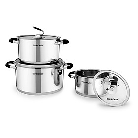 Mua Bộ 3 Nồi Inox 5 Đáy Vung Kính Bếp Từ Sunhouse SH891 (16cm  20cm  24cm)
