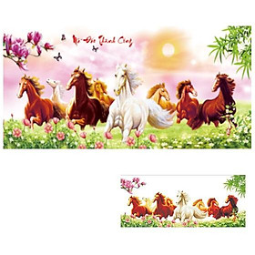 TRANH ĐÍNH ĐÁ 8 con ngựa Mã Đáo Thành Công chạy trên cỏ LV252 |108x55cm| - Chưa đính