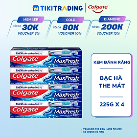Bộ 4 Kem đánh răng Colgate bạc hà the mát Maxfresh 225g/tuýp tặng bàn chải đánh răng lông mềm