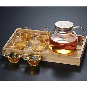 Bộ bình trà thủy tinh nắp gỗ  6 cốc kèm khay tre - ANTH591