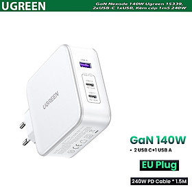 Củ sạc nhanh GaN Nexode 140W Ugreen 15339 CD289, 2xUSB-C 1xUSB-A, Kèm cáp USB-C 1m5 240W Hàng chính hãng